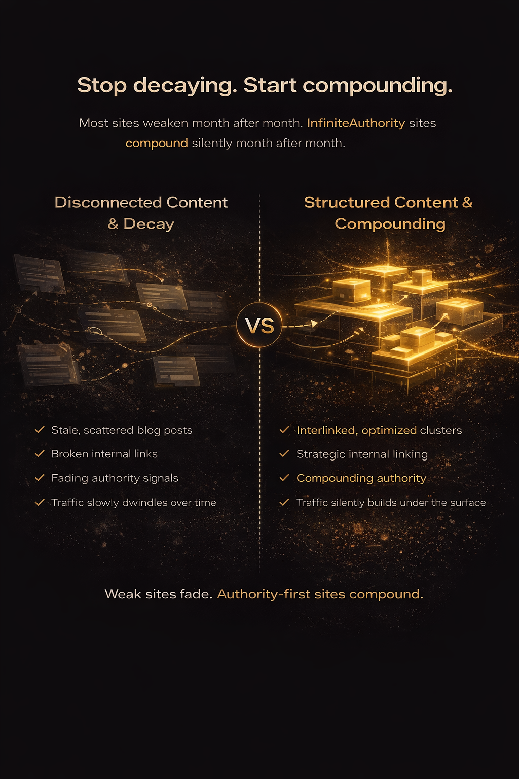 Stop decaying, start compounding - Comparison showing disconnected content decay versus structured content compounding